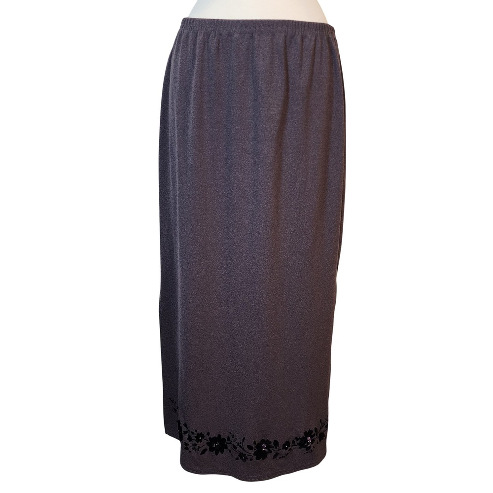 Womens Midi Skirt Dusty Purple Elastic Waist Floral Hem Casual L